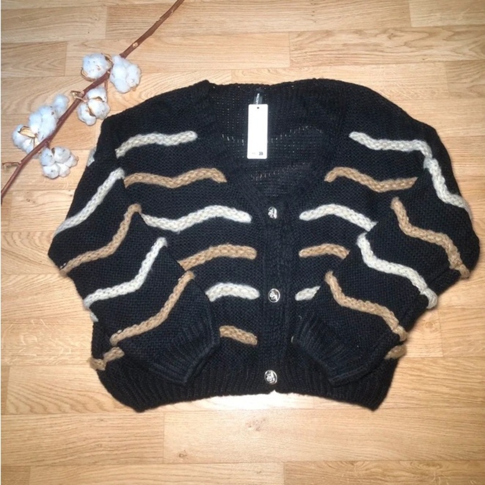 Elegant Black Cardigan with Tan and Cream Stripes